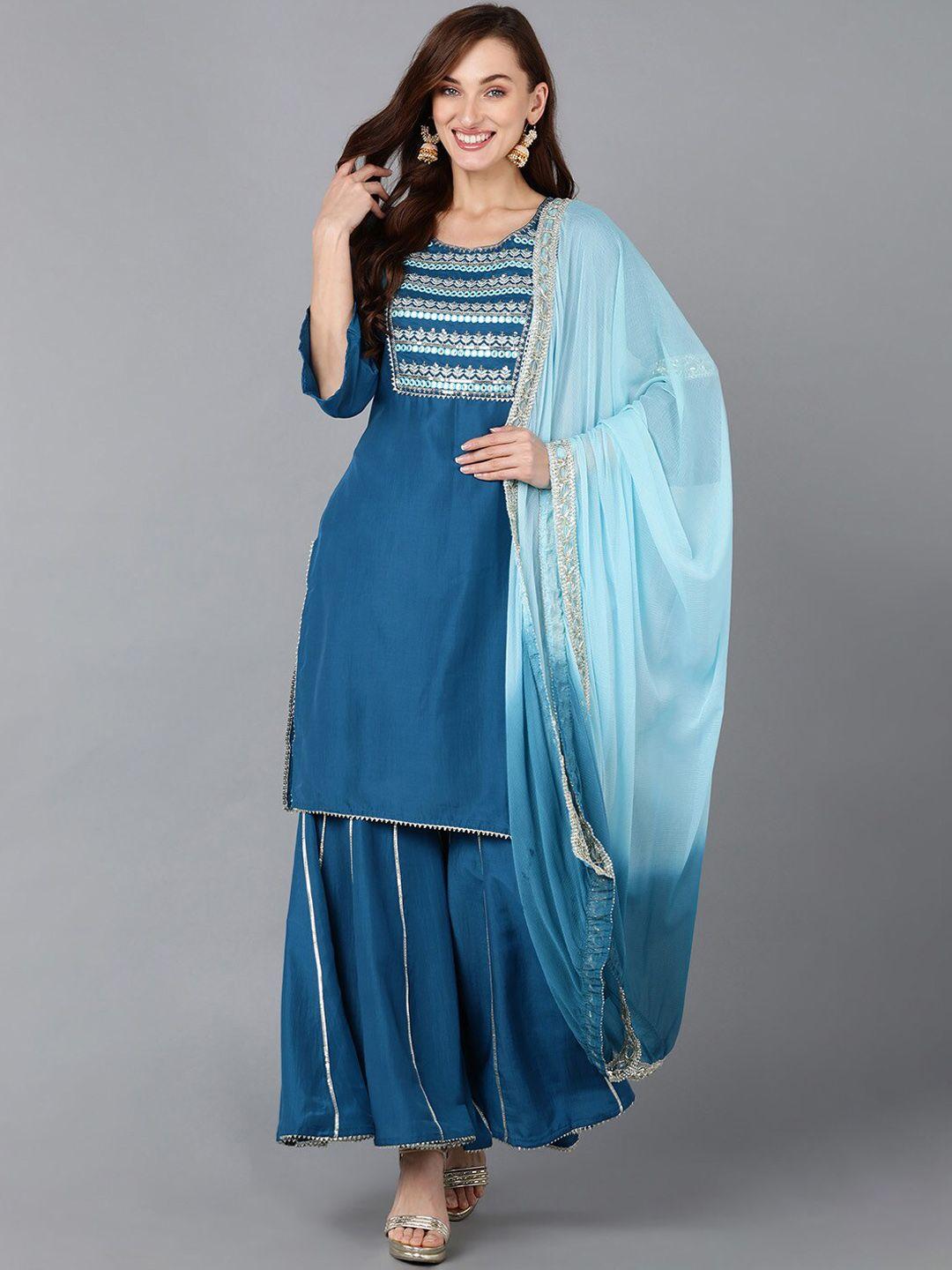 ahika teal blue embroidered mirror work sequined kurta with sharara & dupatta