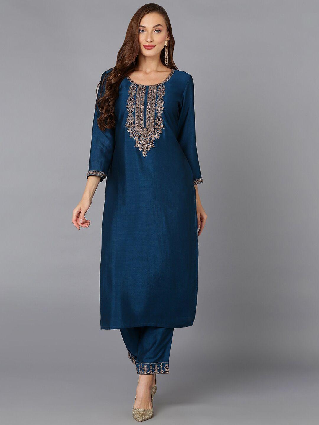 ahika teal blue ethnic motifs embroidered sequined kurta with trousers