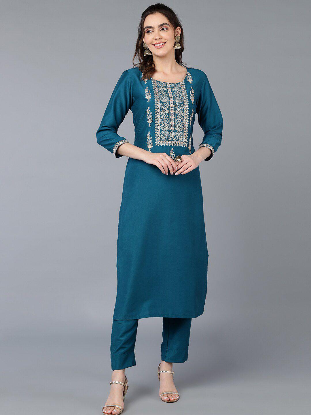 ahika teal blue yoke design embroidered straight kurta