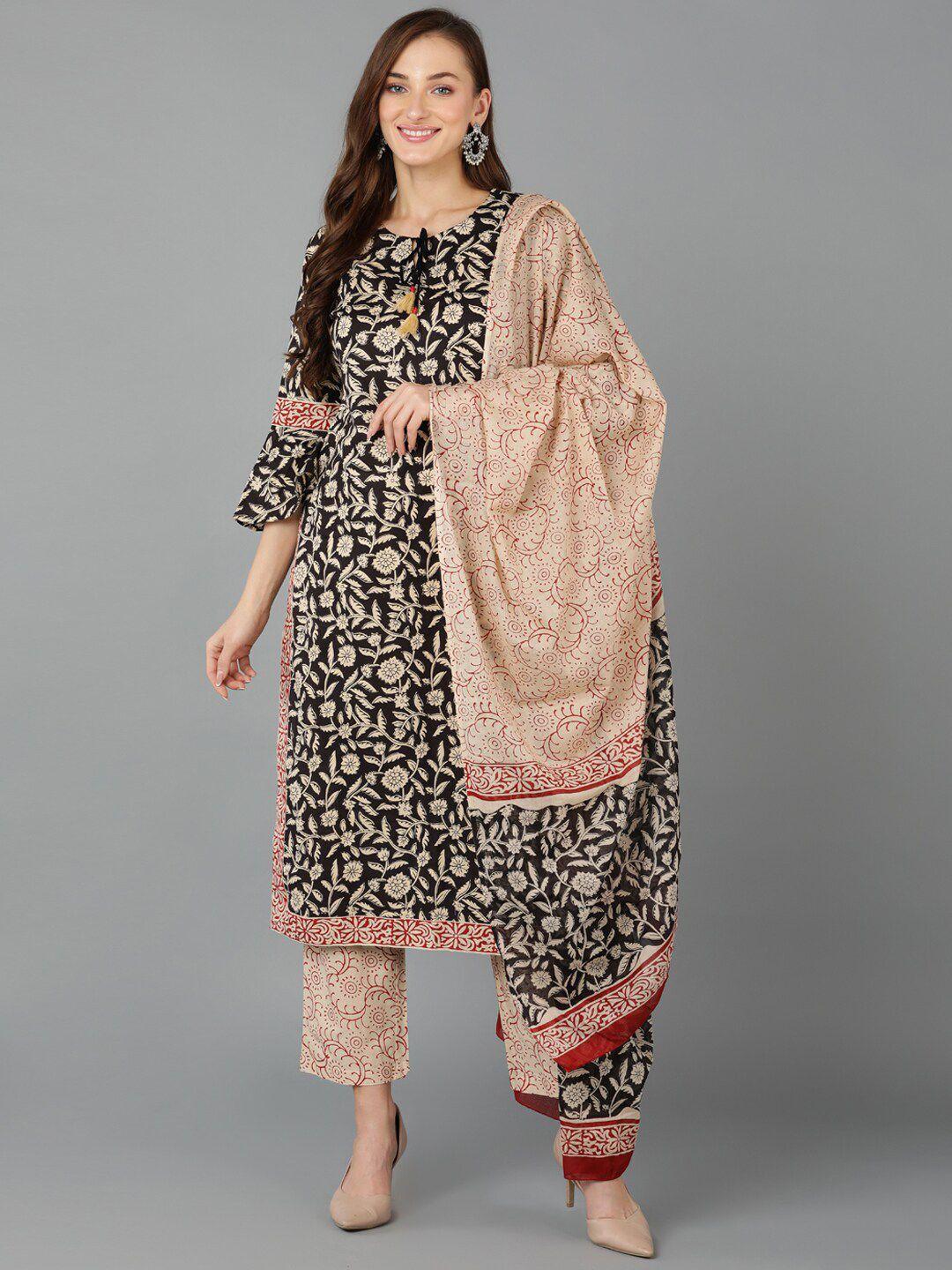 ahika tie-up neck floral printed pure cotton kurta with trousers & dupatta