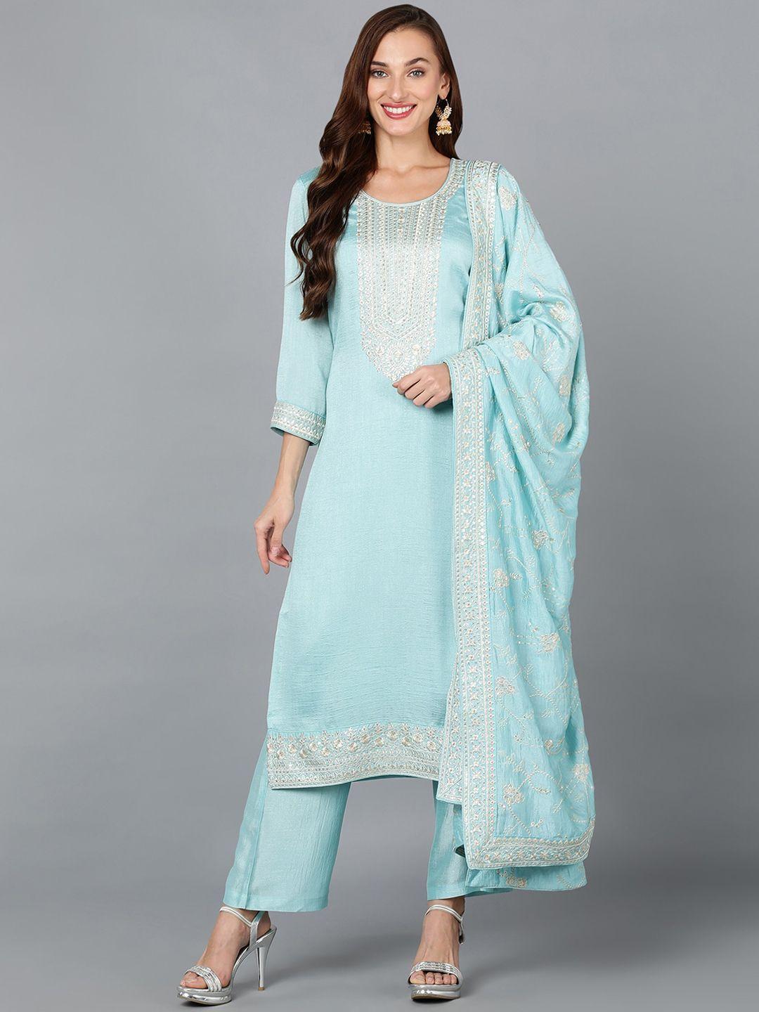 ahika turquoise blue ethnic motifs embroidered sequinned kurta with trousers & dupatta