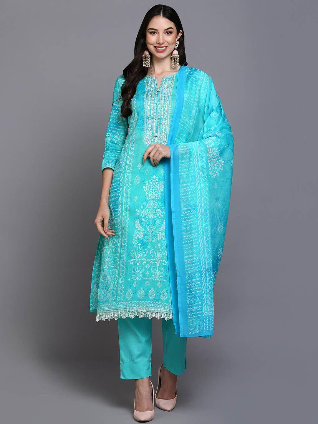 ahika turquoise blue ethnic motifs printed pure cotton kurta & trousers with dupatta