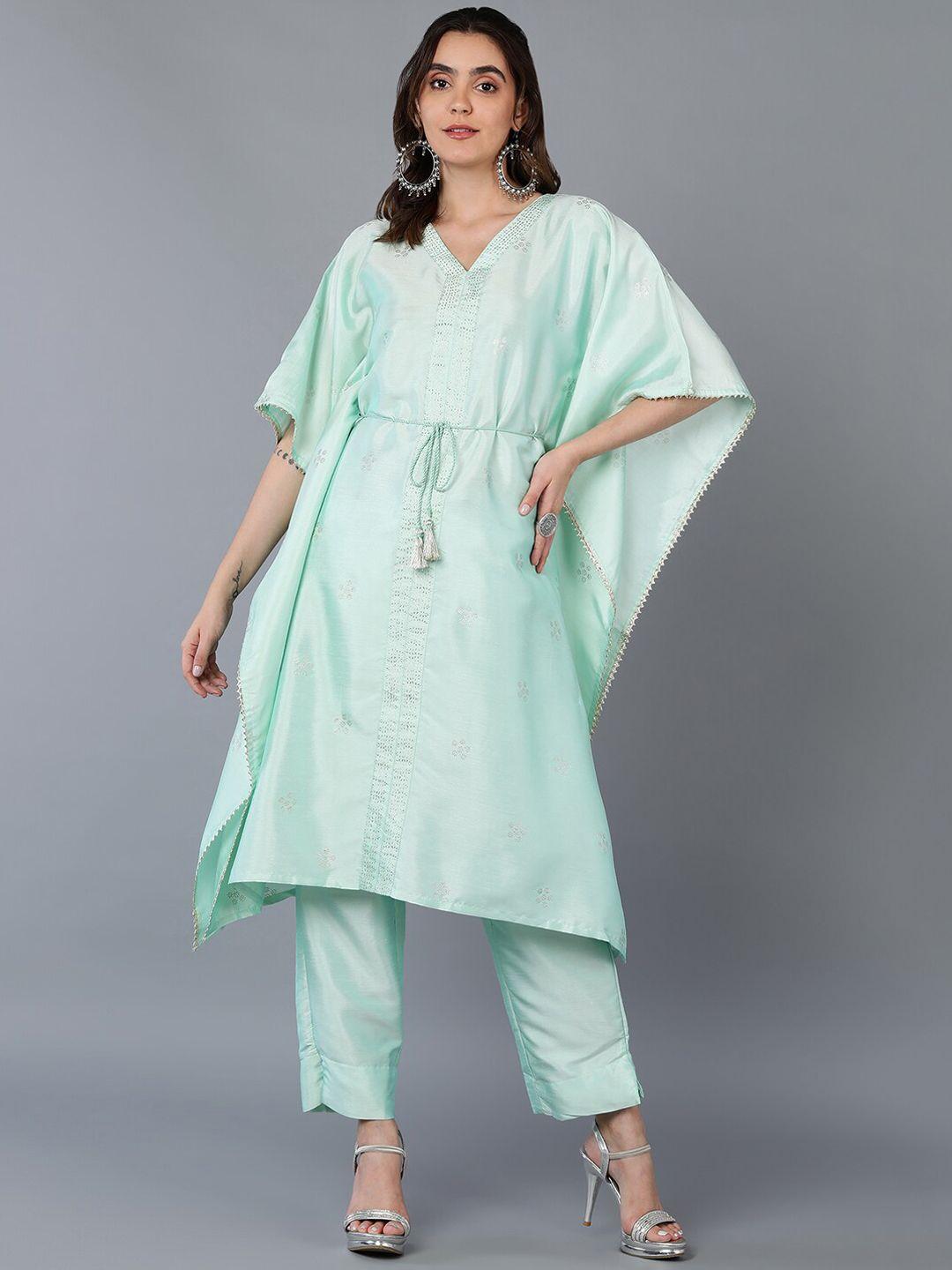 ahika turquoise blue floral printed v-neck flared sleeves kaftan kurta with trousers