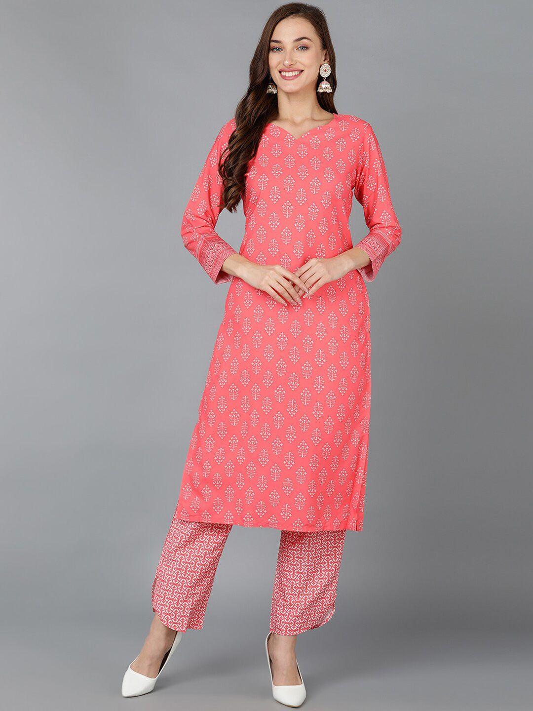 ahika v-neck ethnic motifs printed straight kurta with trousers