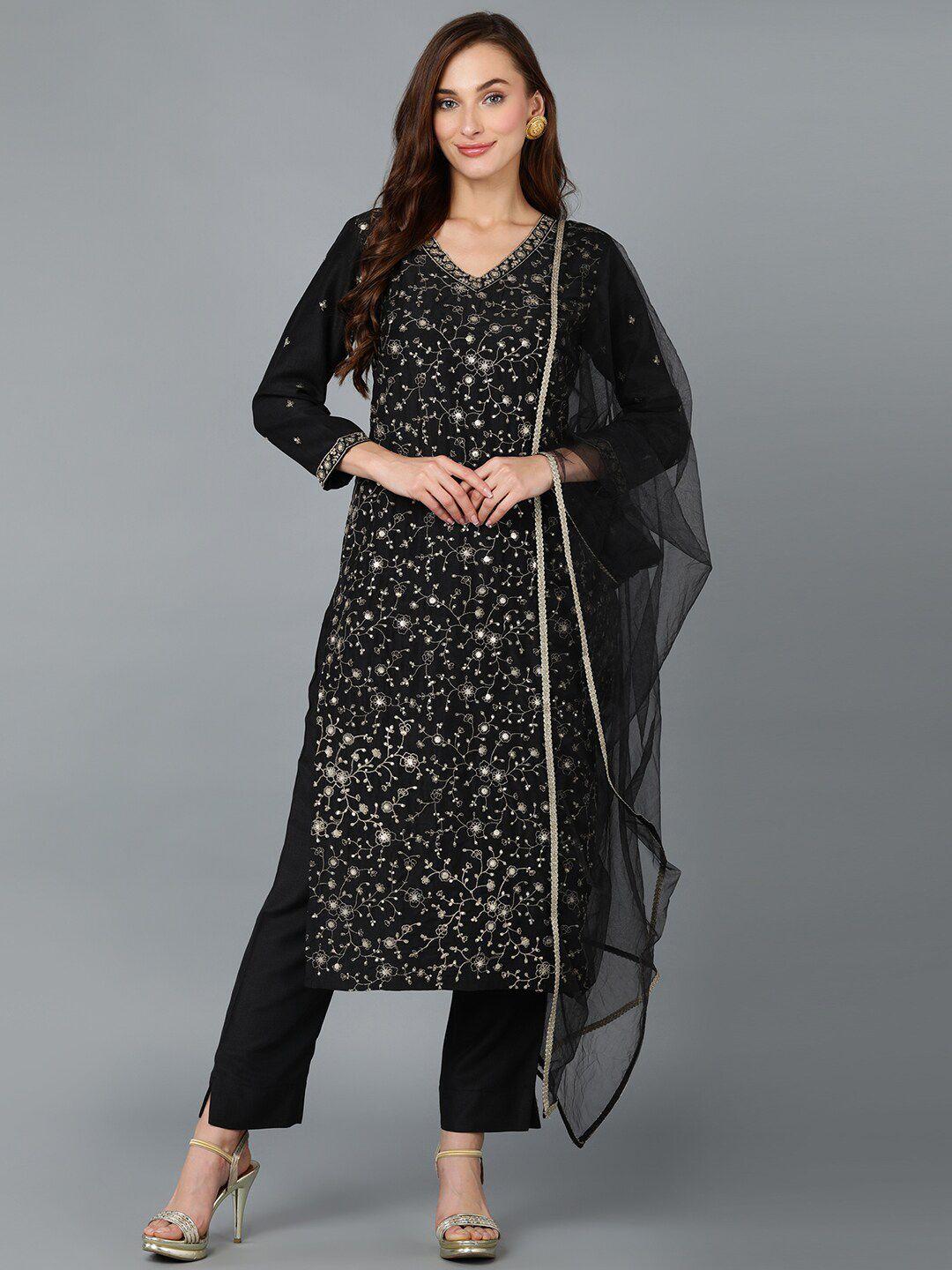 ahika v-neck floral embroidered sequinned kurta with trousers & dupatta