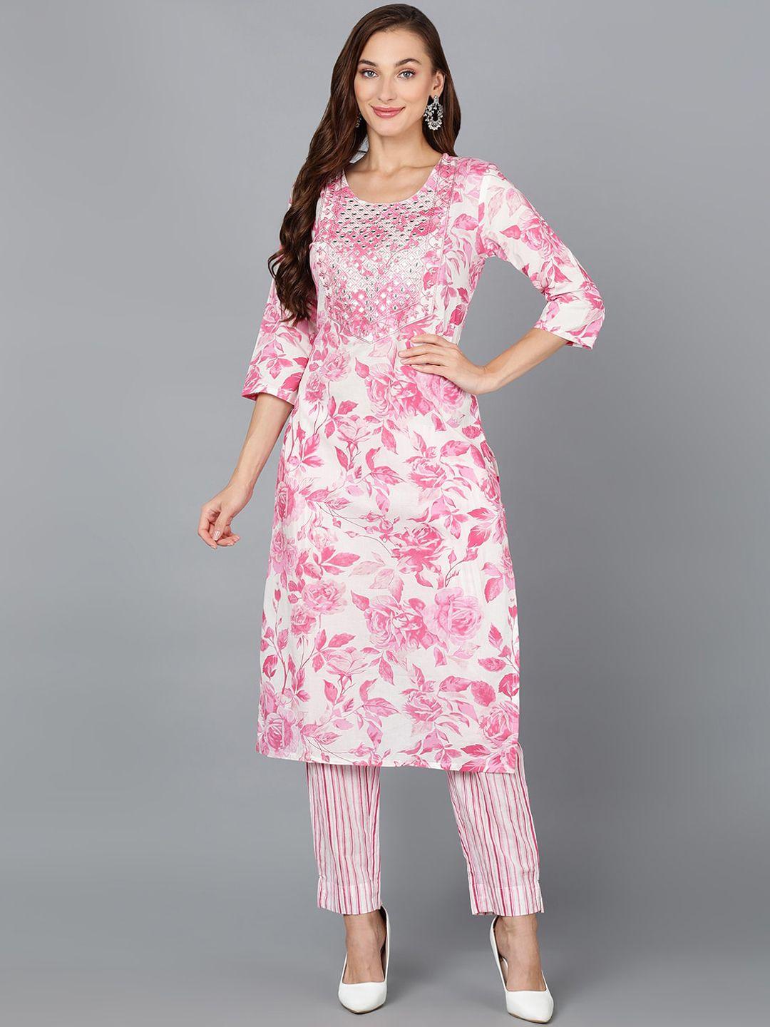 ahika white & pink floral printed mirror work kurta with trousers