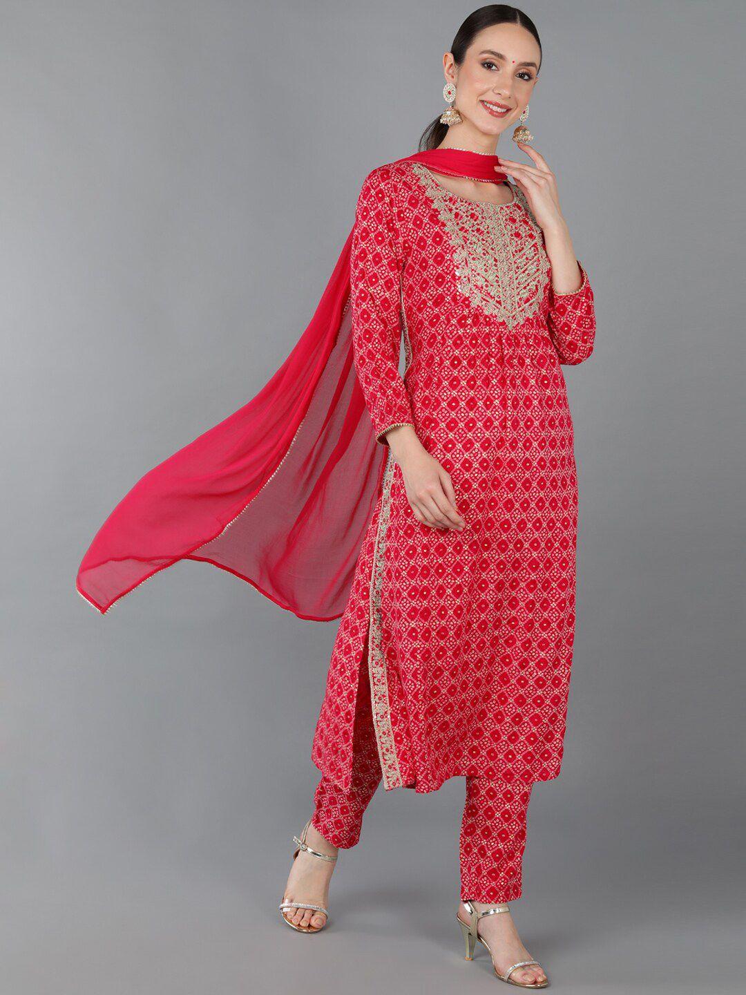 ahika women bandhani printed sequinned kurta with trousers & dupatta