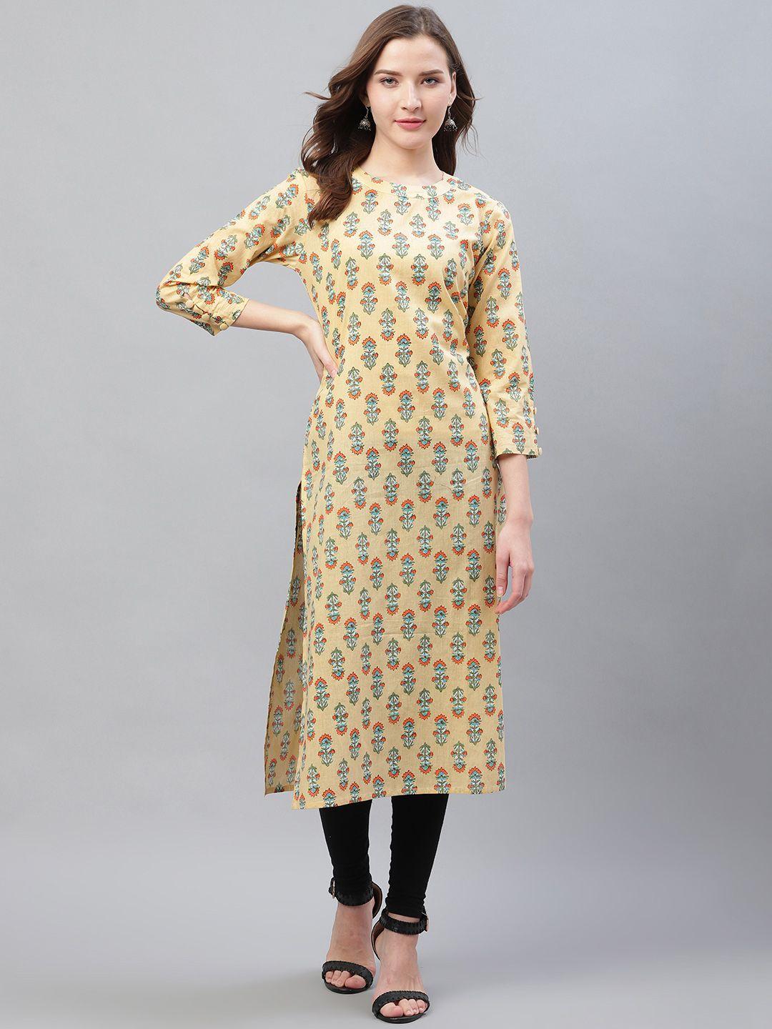 ahika women beige & blue printed straight kurta