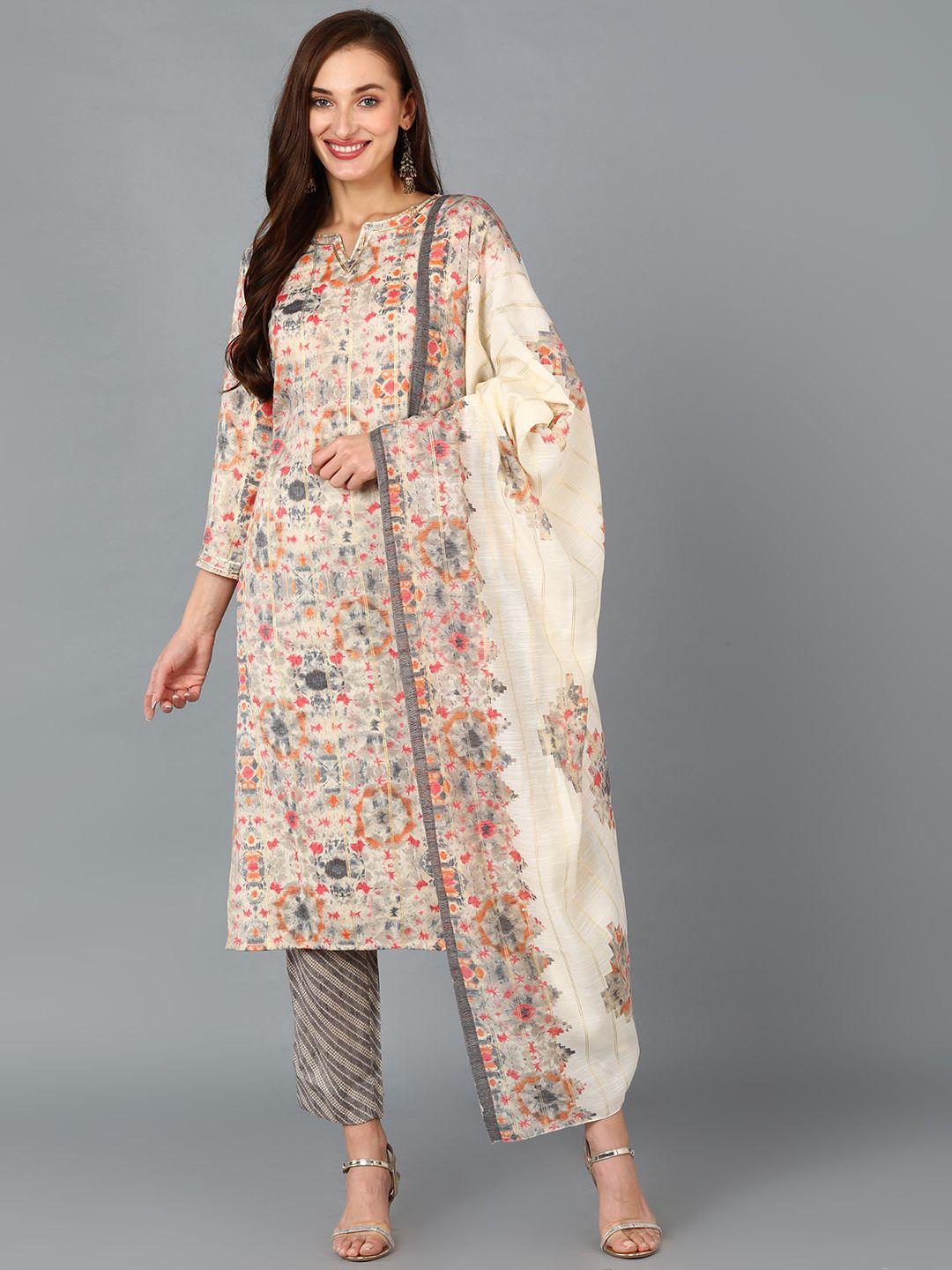 ahika women beige & grey printed kurta with trouser & with dupatta set