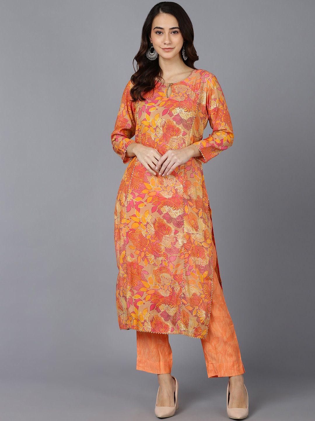 ahika women beige & orange floral printed kurta