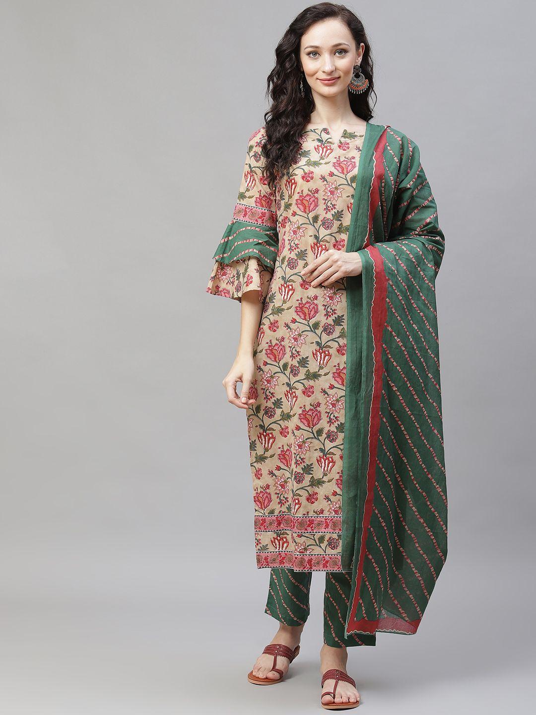 ahika women beige floral printed regular pure cotton kurta with palazzos & with dupatta