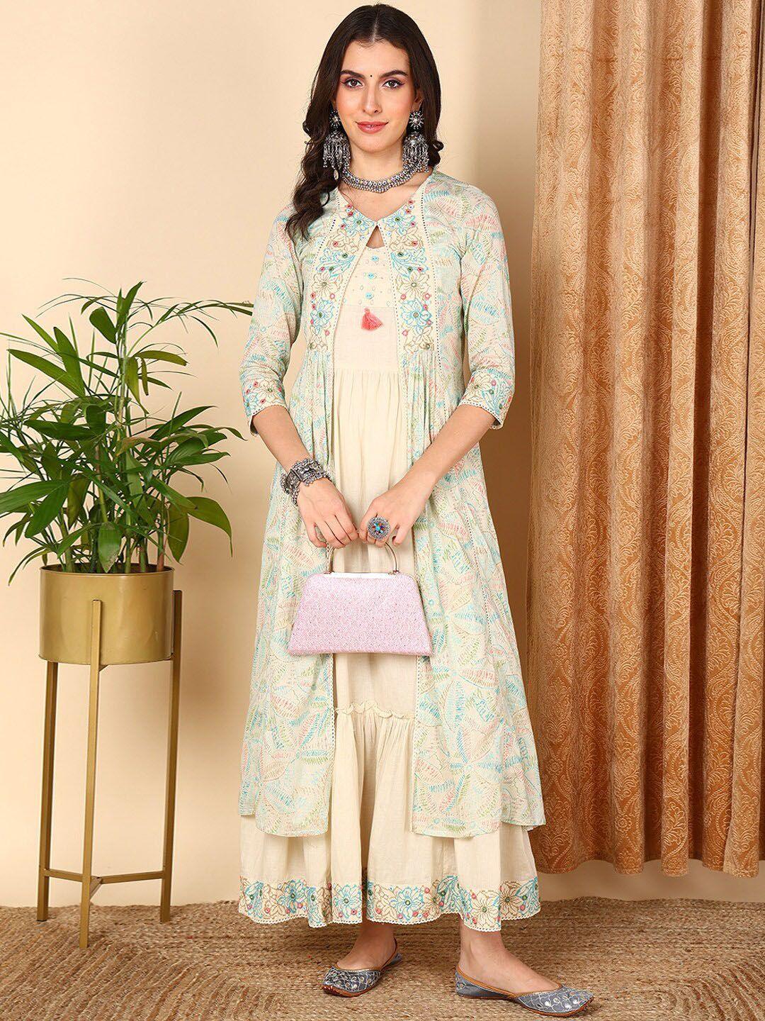 ahika women beige floral printed thread work anarkali kurta