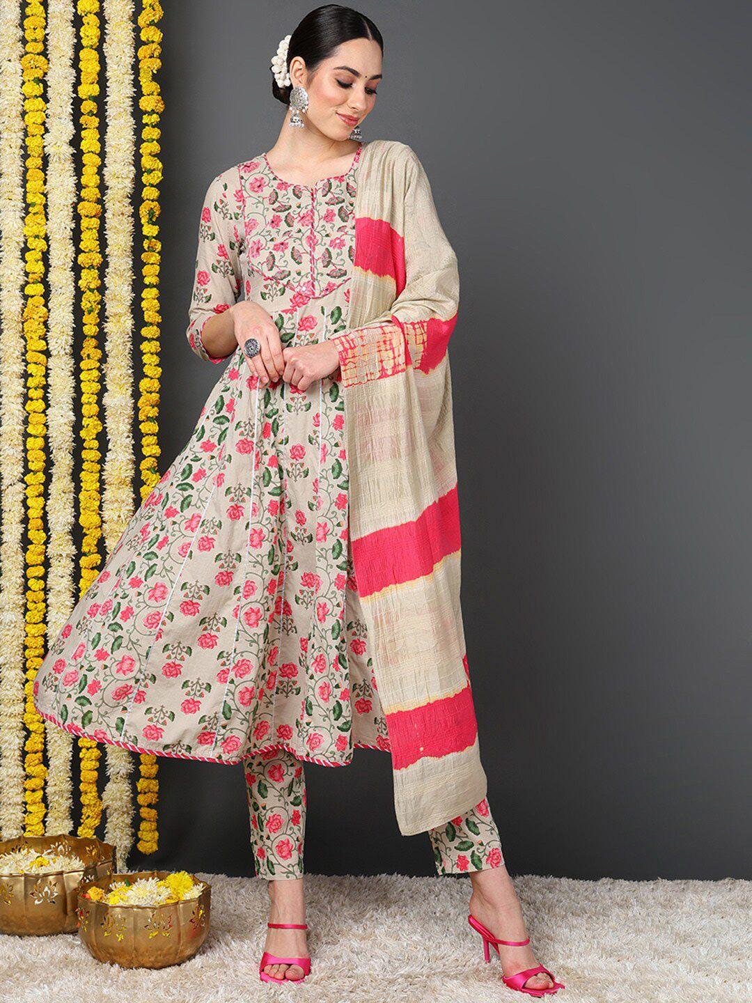 ahika women beige floral yoke design empire thread work pure cotton kurta with trousers & with dupatta