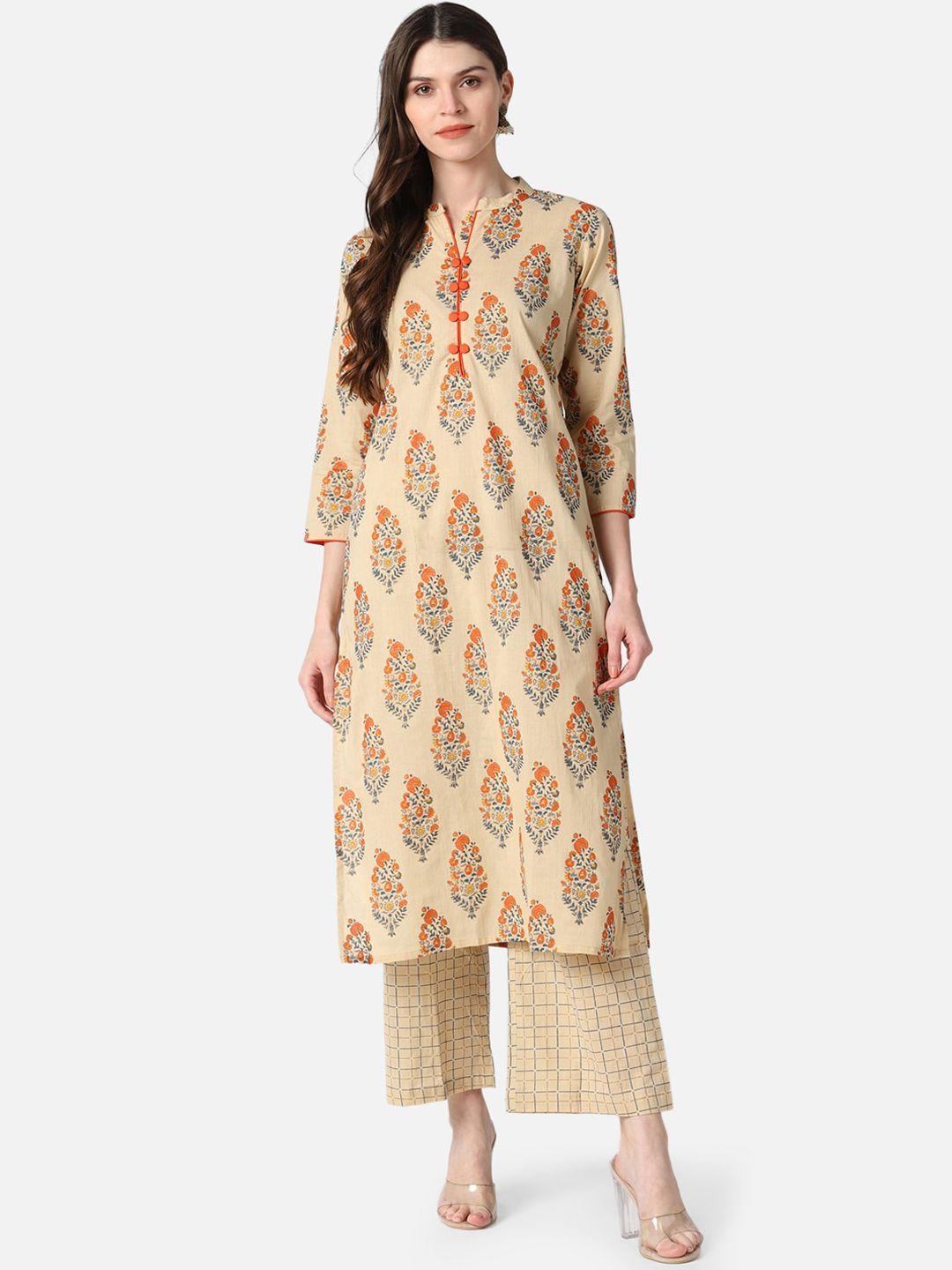 ahika women beige printed kurta with palazzos