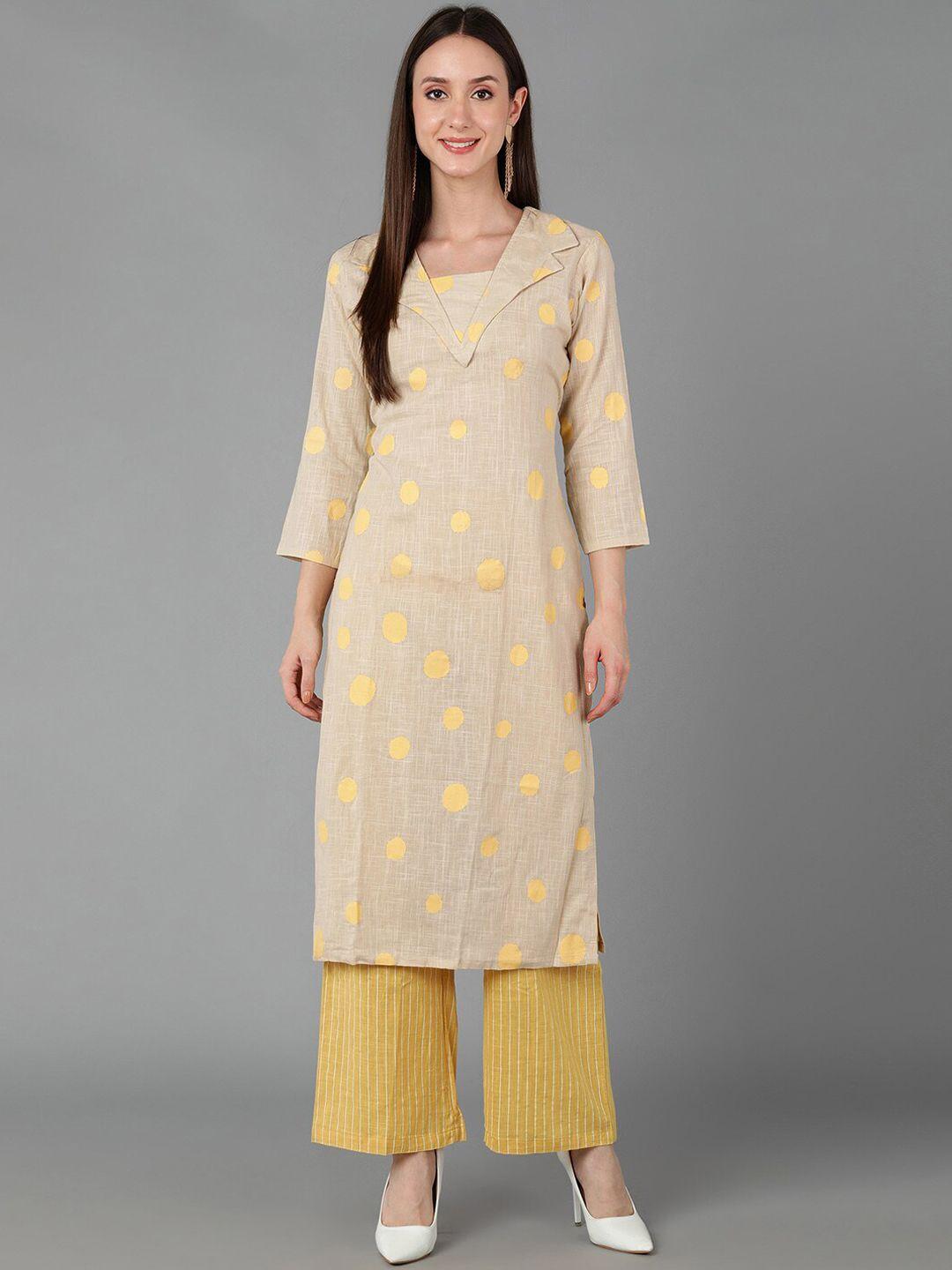 ahika women beige printed pure cotton kurta with palazzos