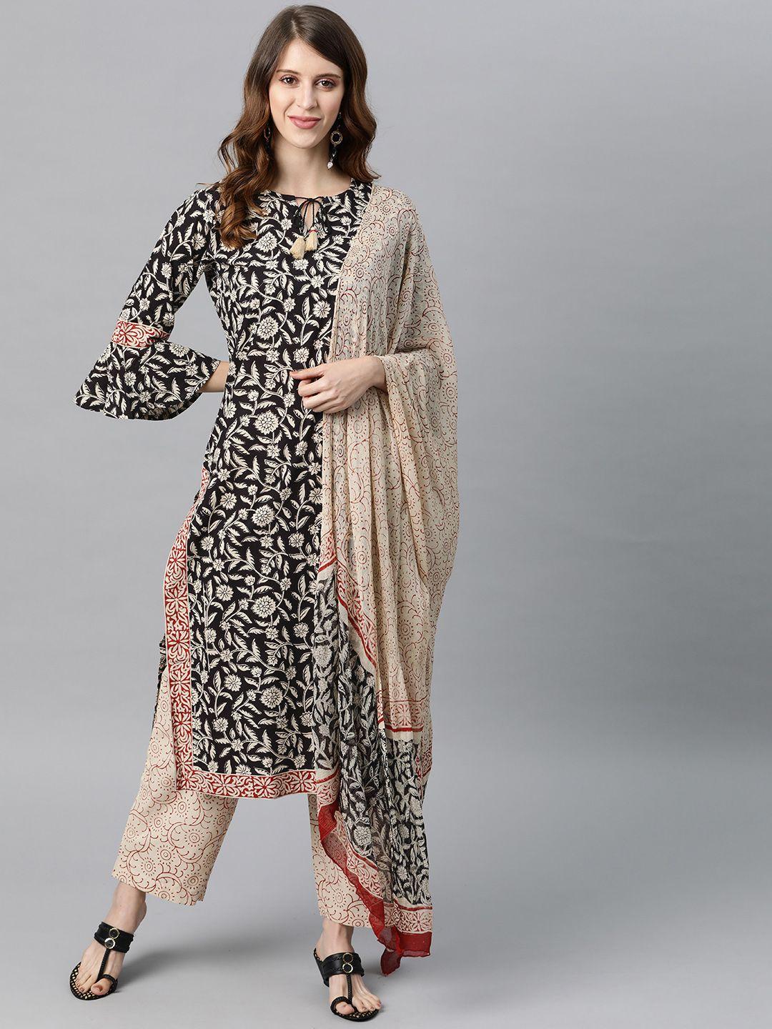 ahika women black & beige printed pure cotton kurta with trousers & dupatta