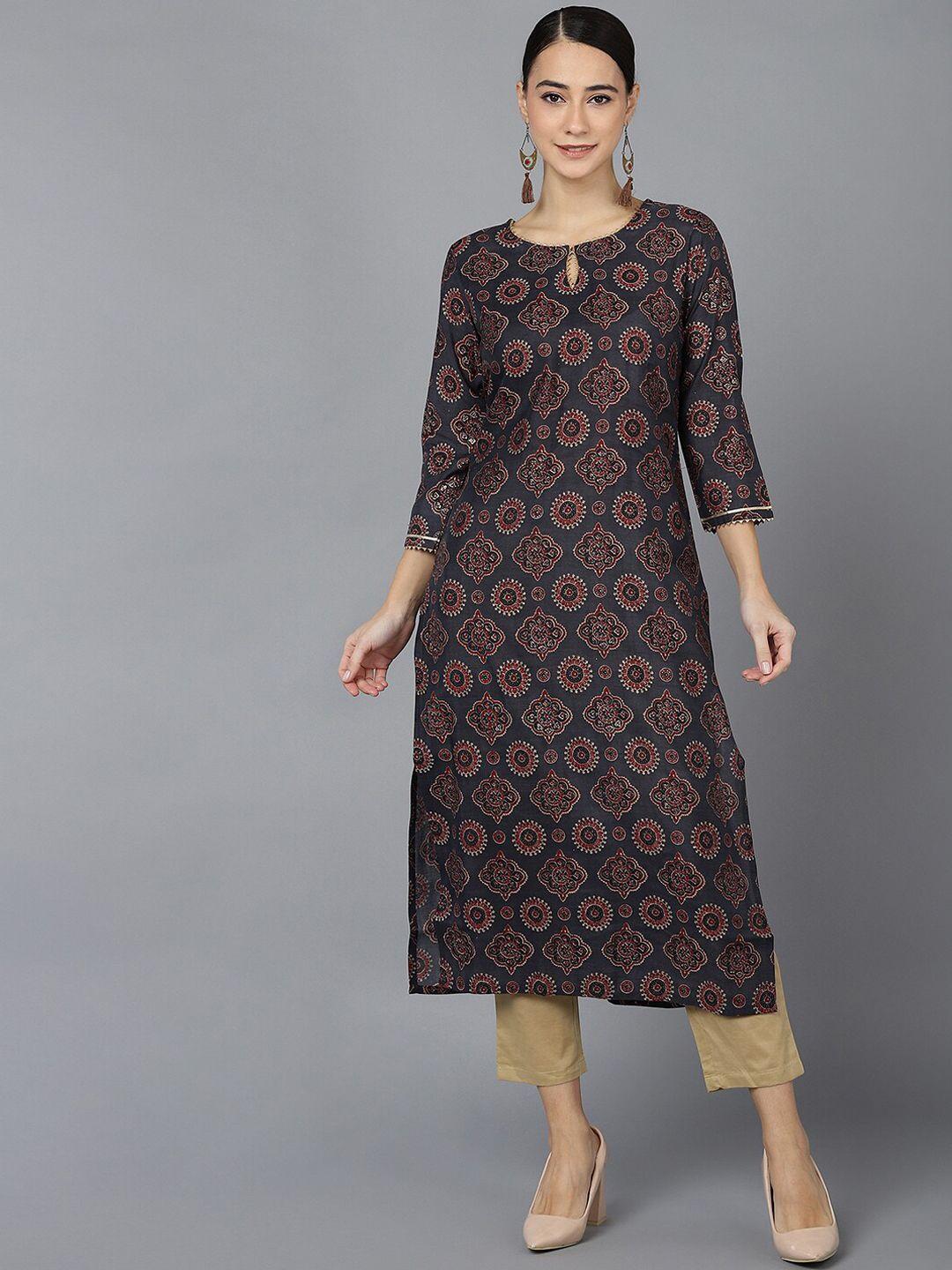 ahika women black & red ethnic motifs printed keyhole neck kurta