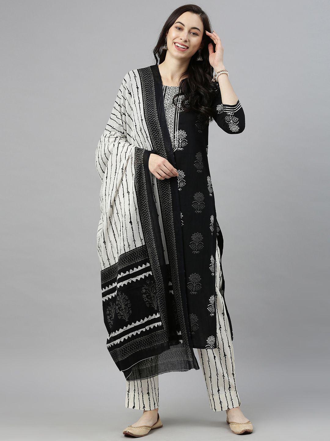 ahika women black & white printed kurta with trousers & dupatta