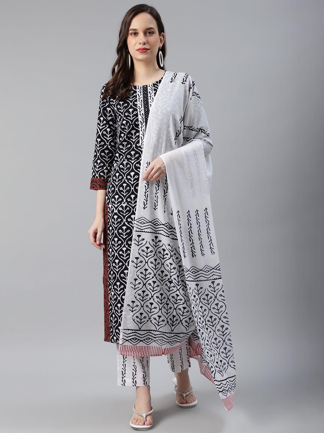 ahika women black & white printed pure cotton kurta with trousers & dupatta