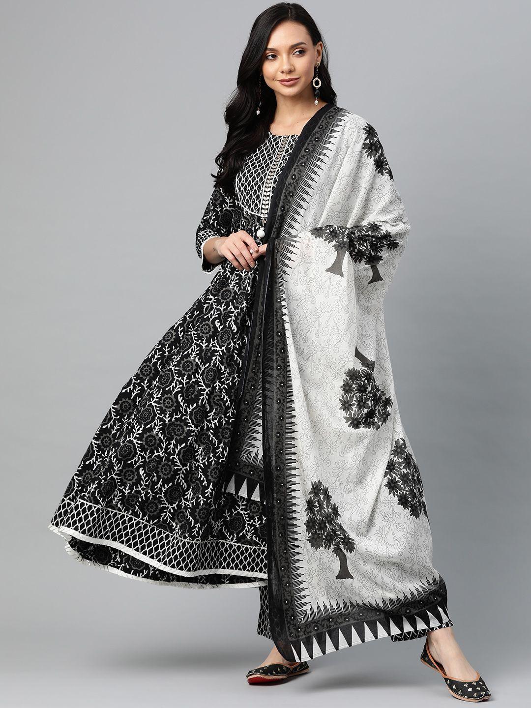 ahika women black & white printed sequinned pure cotton kurta with trousers & dupatta