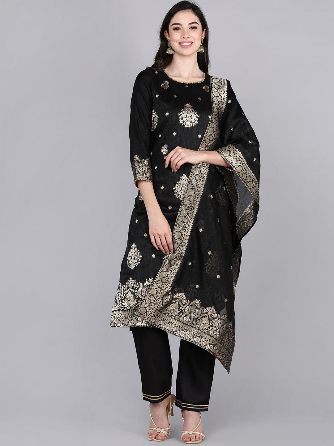 ahika women black ethnic motifs embroidered kurta with trousers & with dupatta