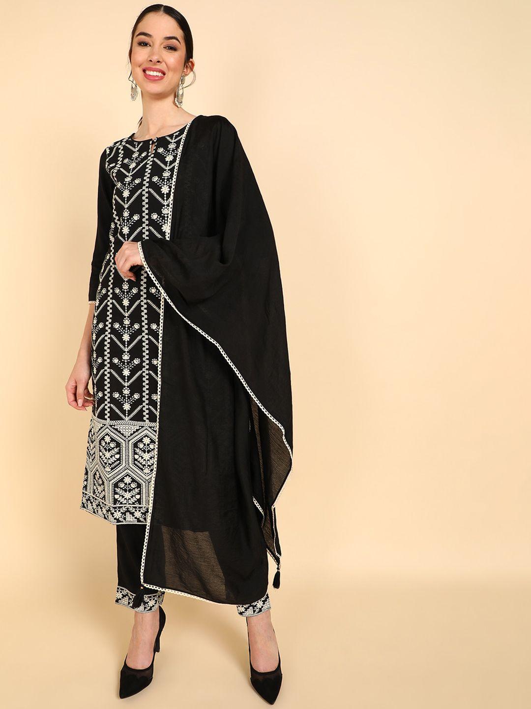 ahika women black ethnic motifs embroidered layered chikankari kurta with trousers & with dupatta