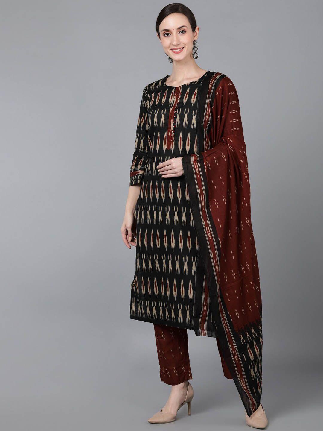 ahika women black ethnic motifs printed kurta with trousers & with dupatta