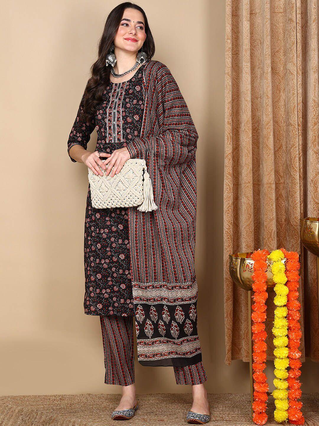 ahika women black floral printed regular pure cotton kurta with trousers & with dupatta