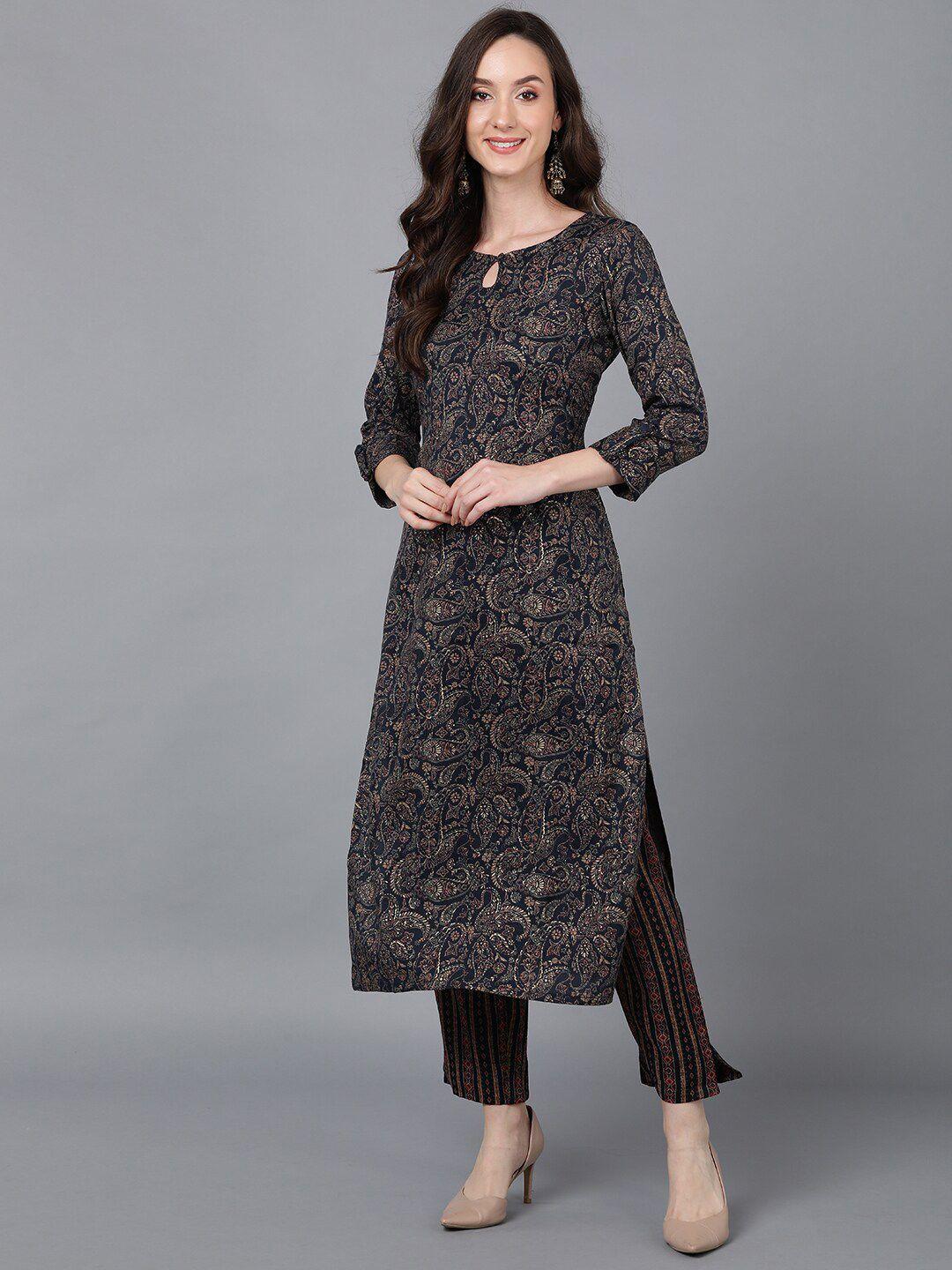 ahika women black paisley printed keyhole neck kurta