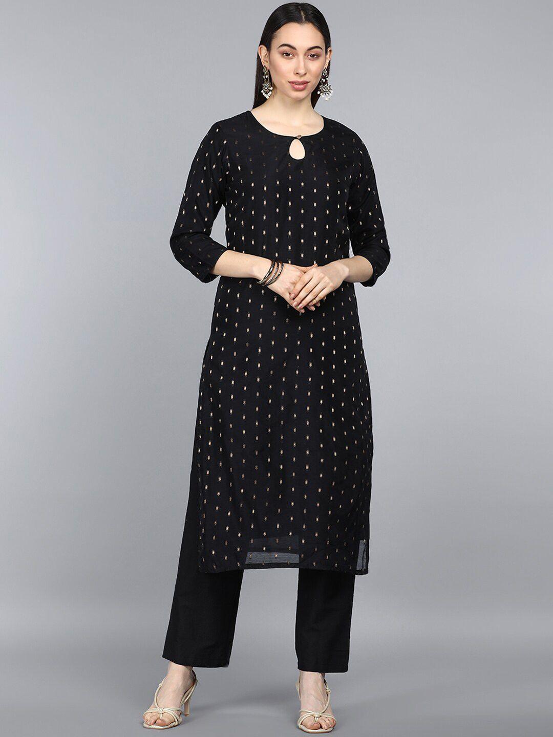 ahika women black printed pure cotton kurta with trousers