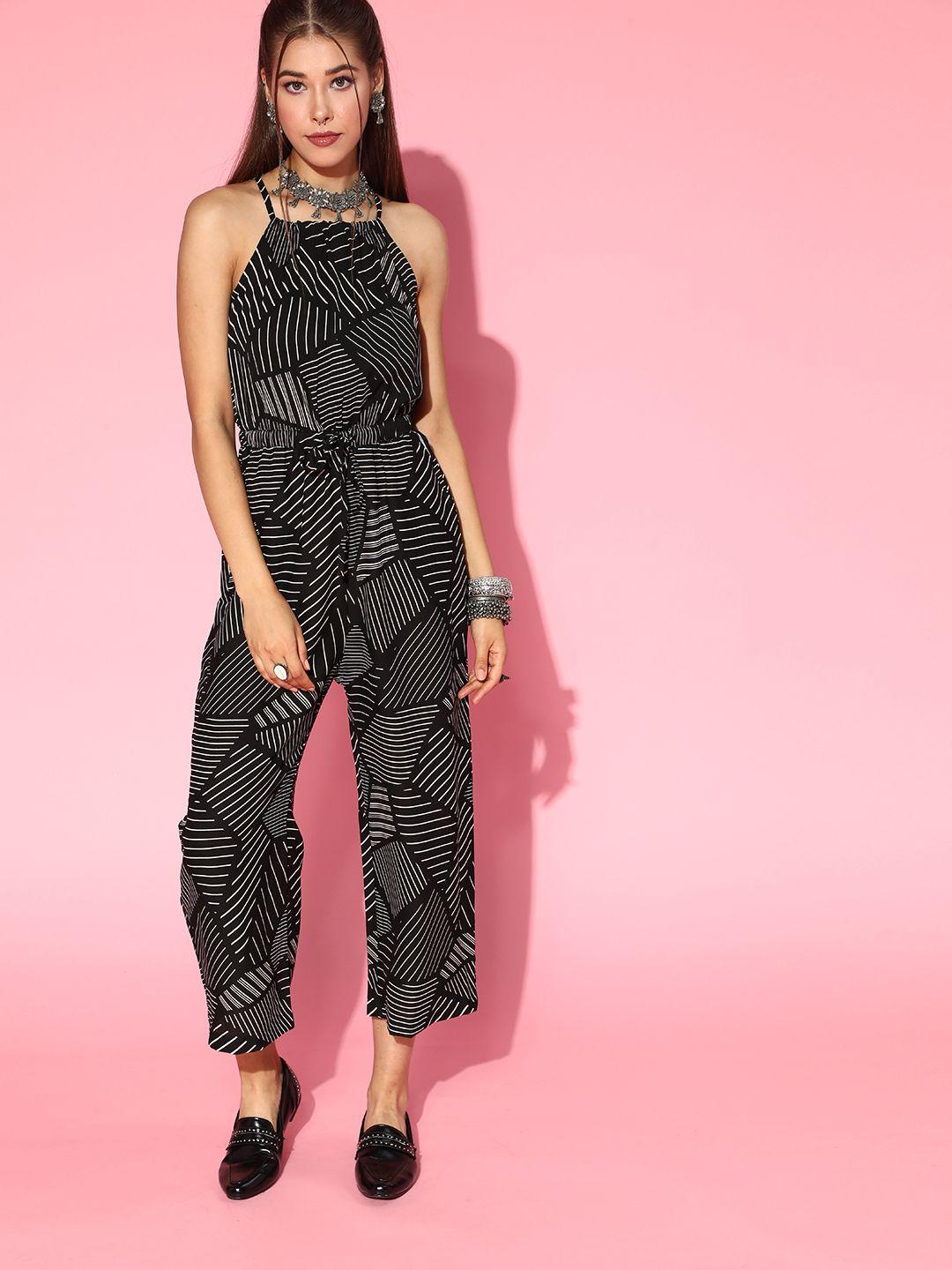 ahika women black striped cropped jumpsuit