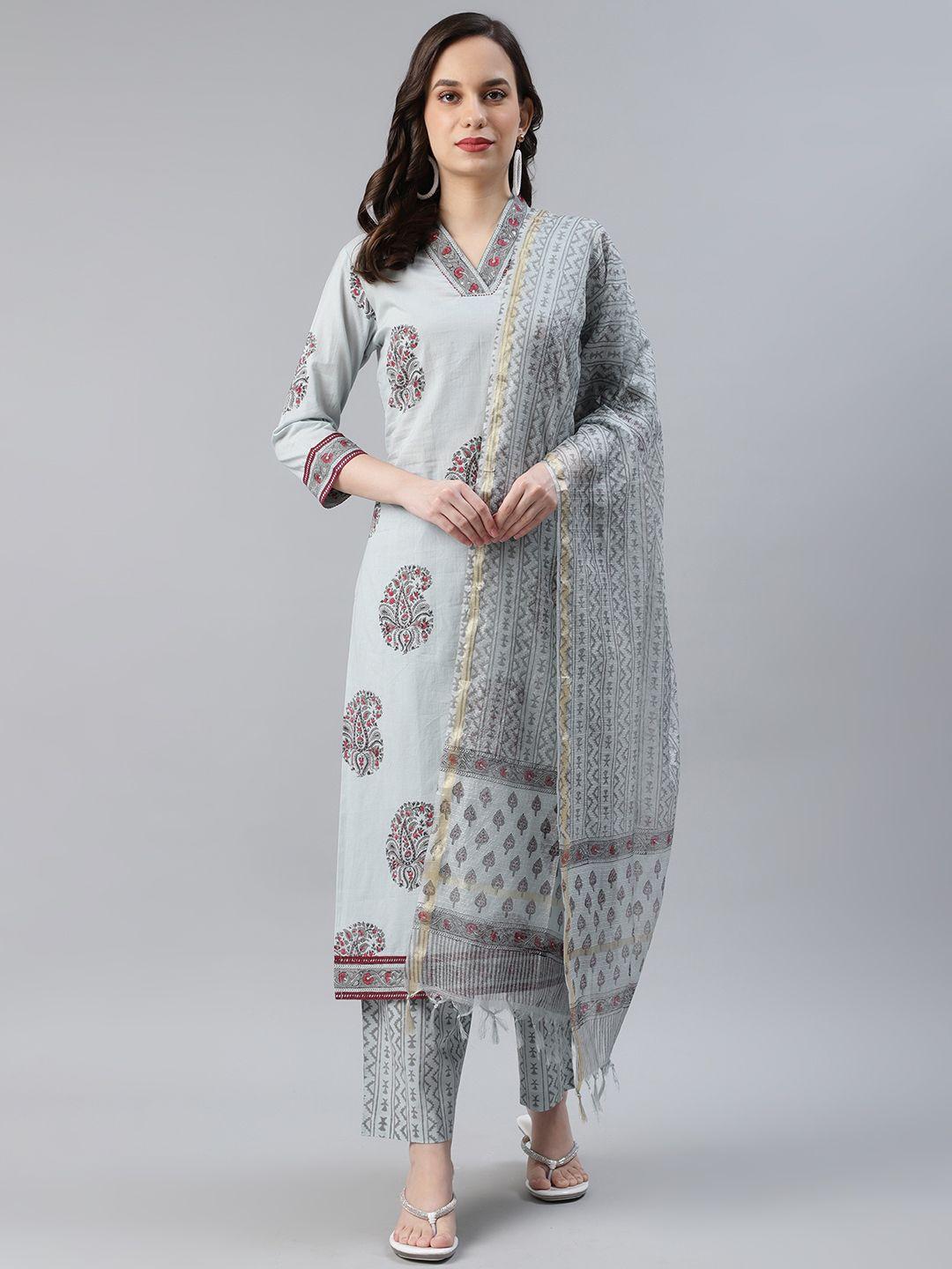 ahika women blue & grey printed pure cotton kurta with trousers & dupatta