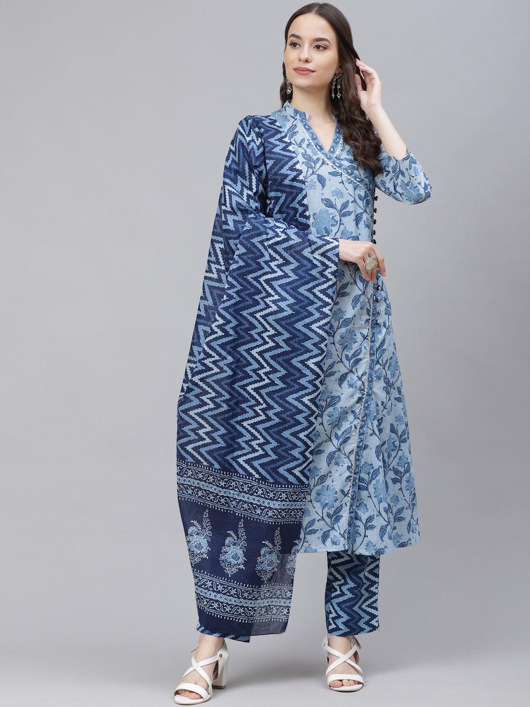 ahika women blue & off-white ethnic motifs print cotton kurta with trousers & dupatta