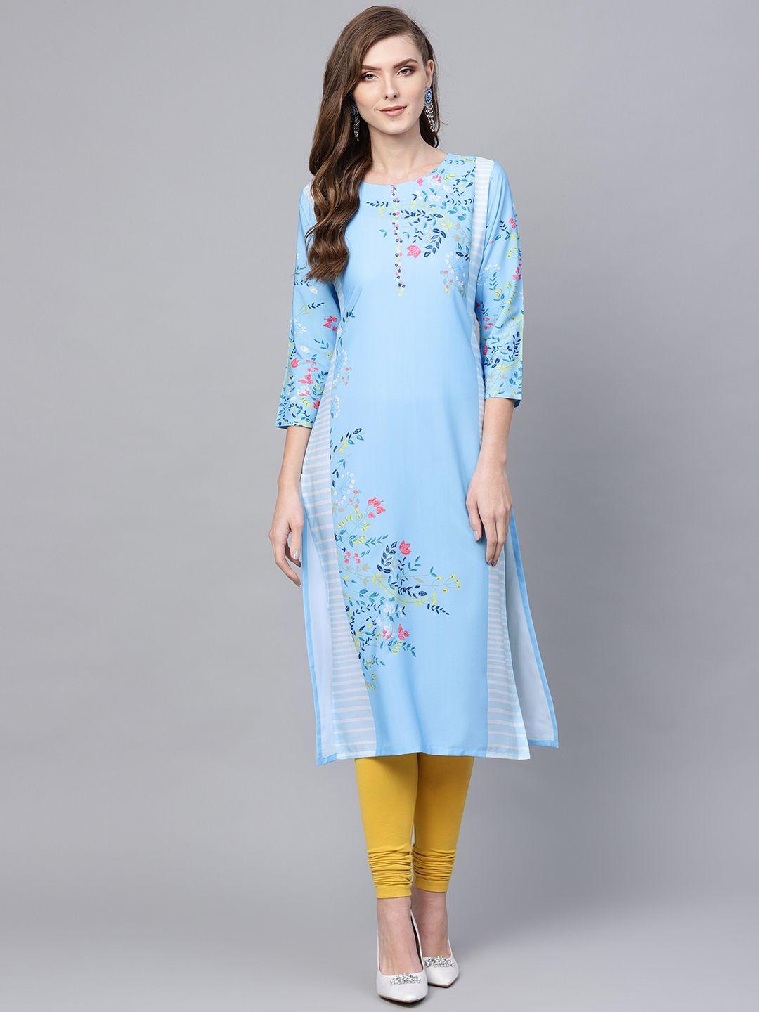 ahika women blue & pink floral print straight kurta