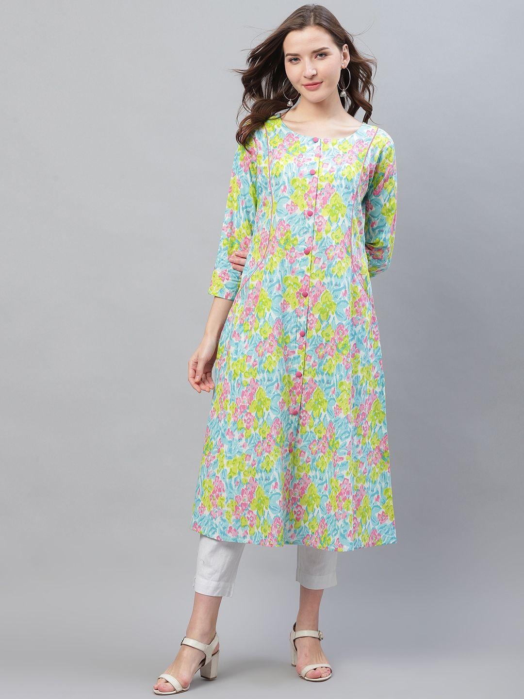 ahika women blue & pink floral printed a-line kurta