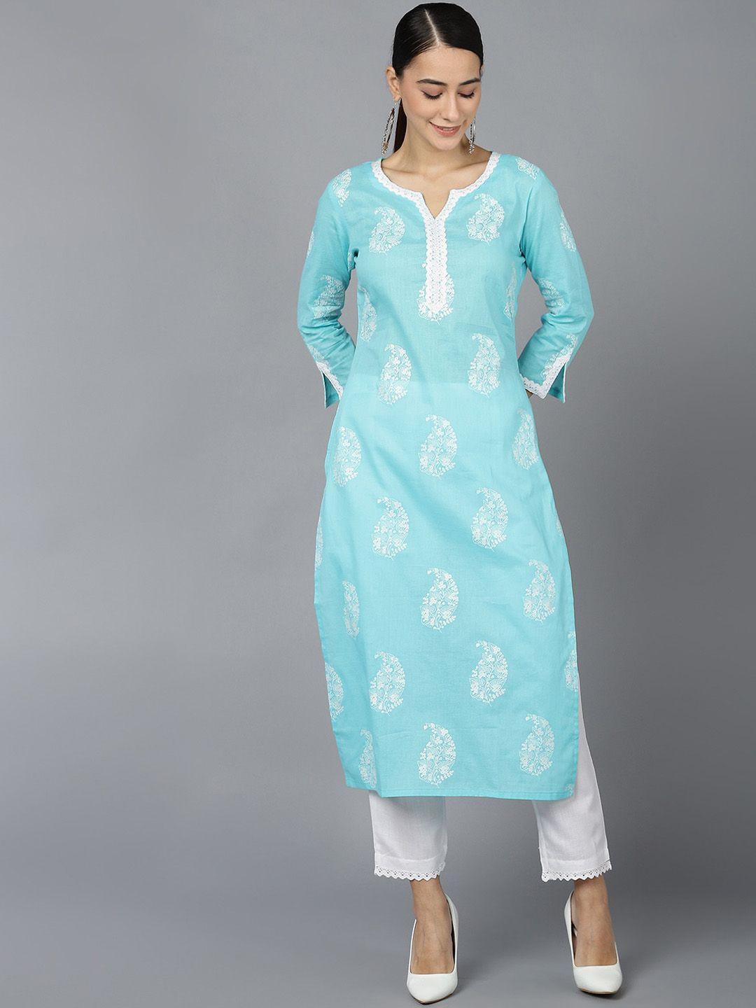 ahika women blue & white ethnic motifs printed kurta
