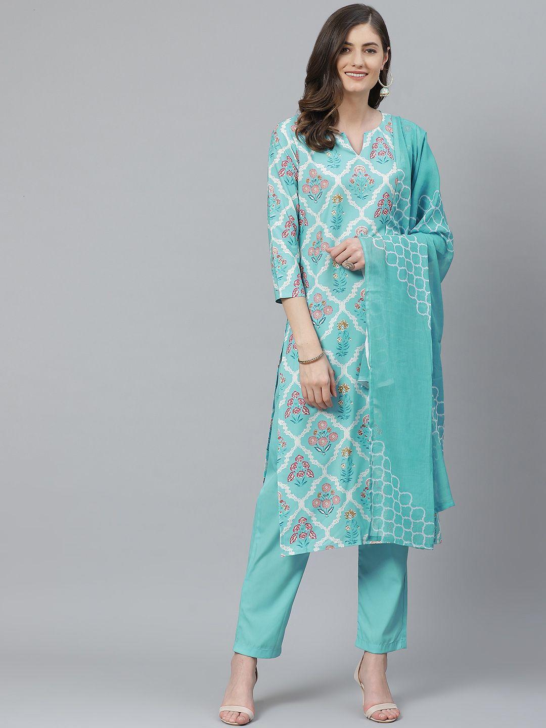 ahika women blue & white printed kurta with trousers & dupatta