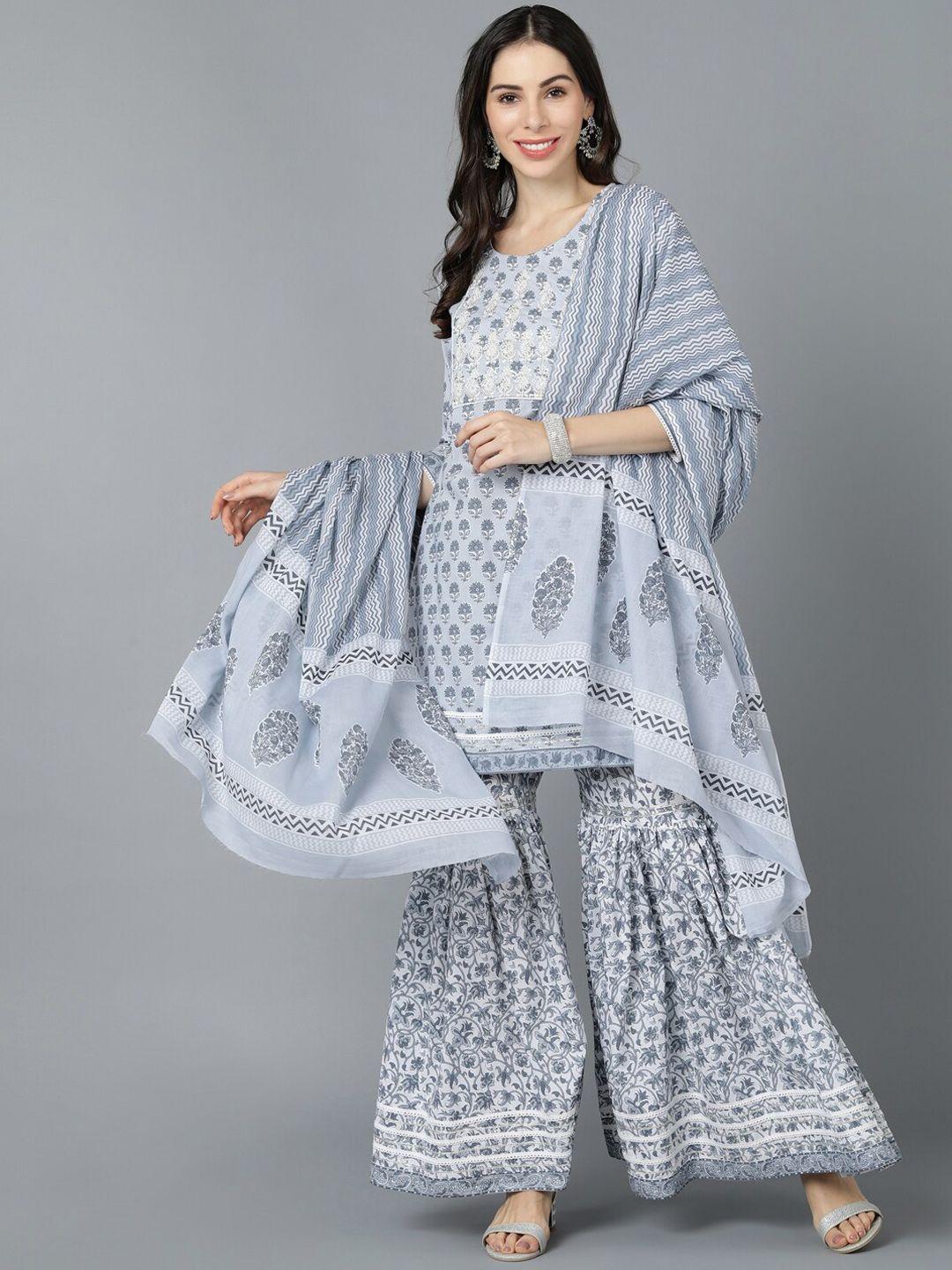 ahika women blue & white printed thread work pure cotton kurta with sharara & dupatta