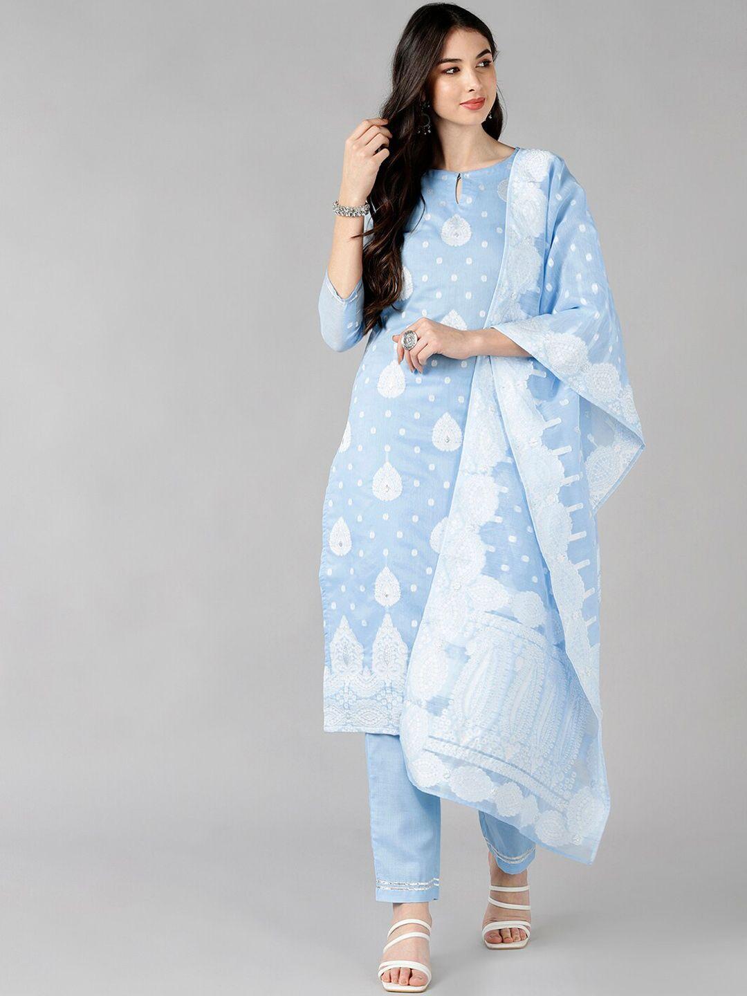 ahika women blue ethnic motifs kurta with trousers & with dupatta