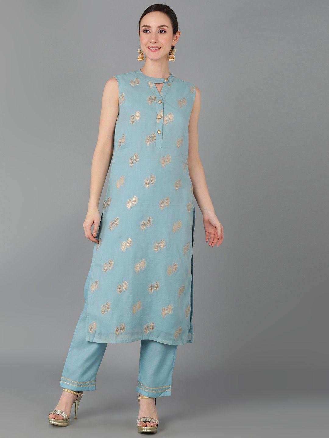 ahika women blue ethnic motifs printed kurta with trousers
