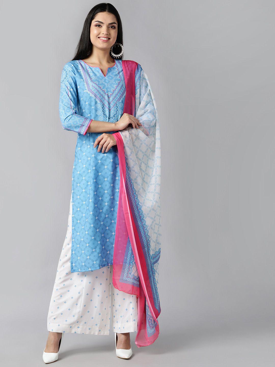 ahika women blue ethnic motifs printed panelled kurta with trousers & with dupatta