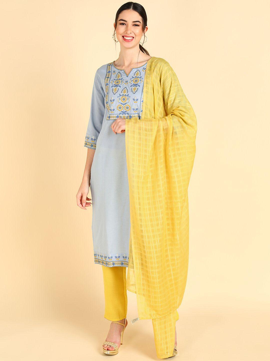 ahika women blue ethnic motifs yoke design pure cotton kurta with trousers & with dupatta