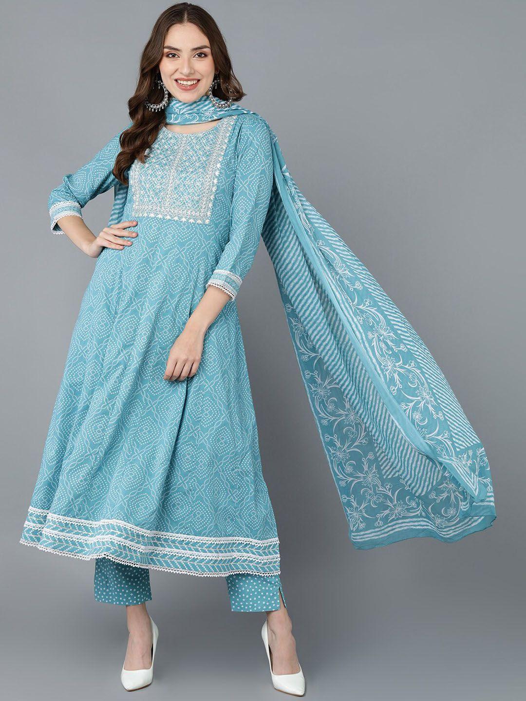 ahika women blue floral embroidered layered pure cotton kurta with trousers & with dupatta
