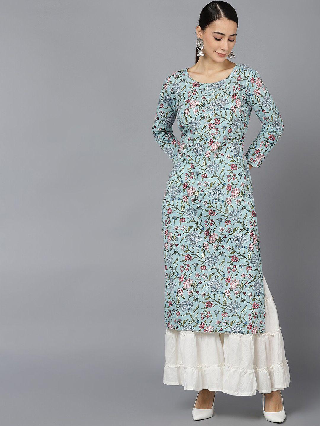 ahika women blue floral printed cotton kurta