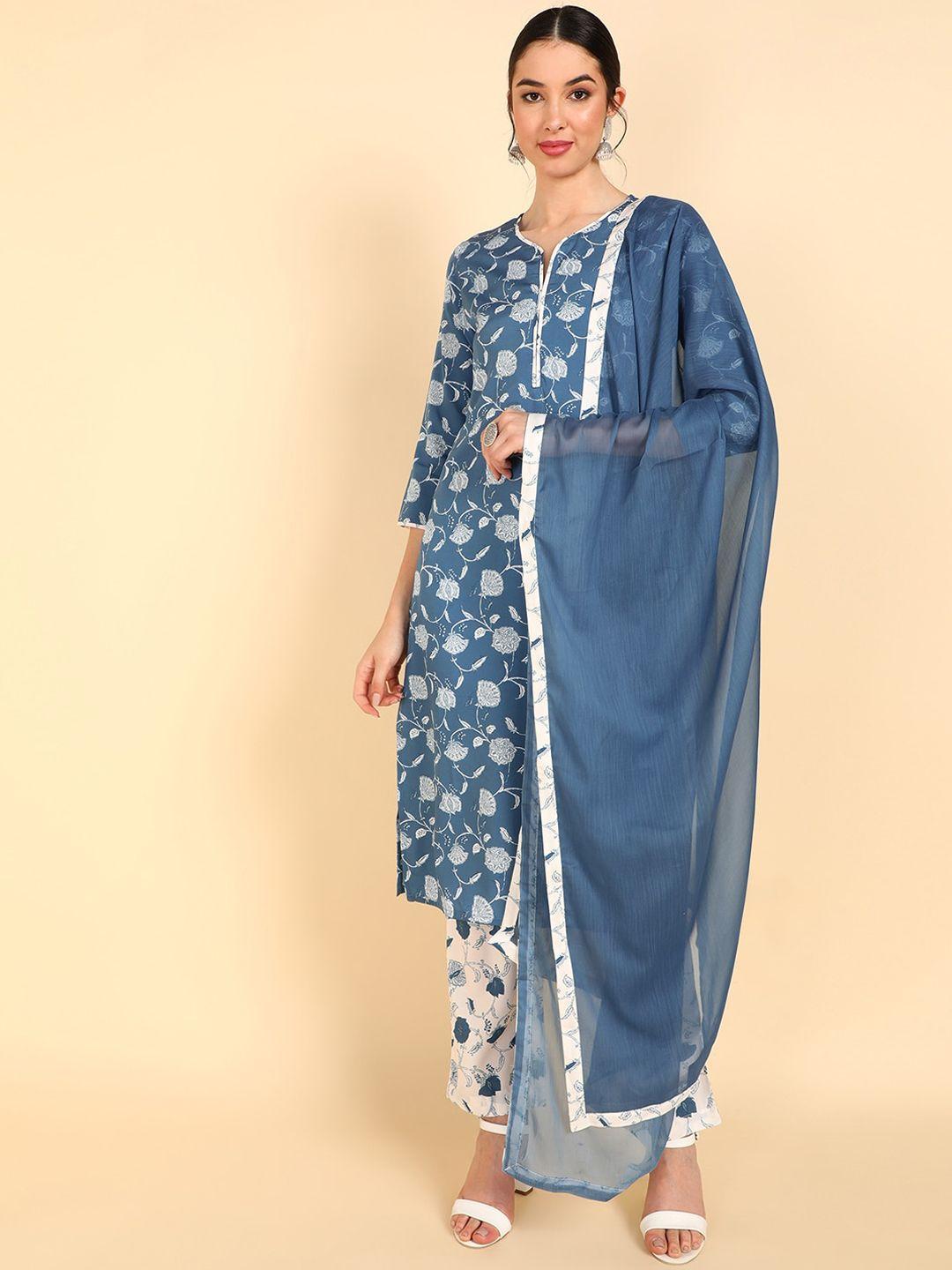 ahika women blue floral printed kurta with trousers & with dupatta