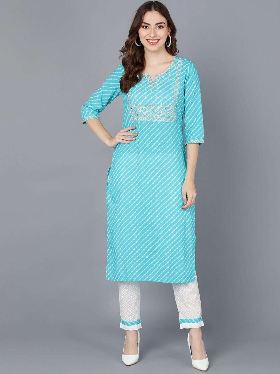 ahika women blue leheriya printed pure cotton kurta with trouser