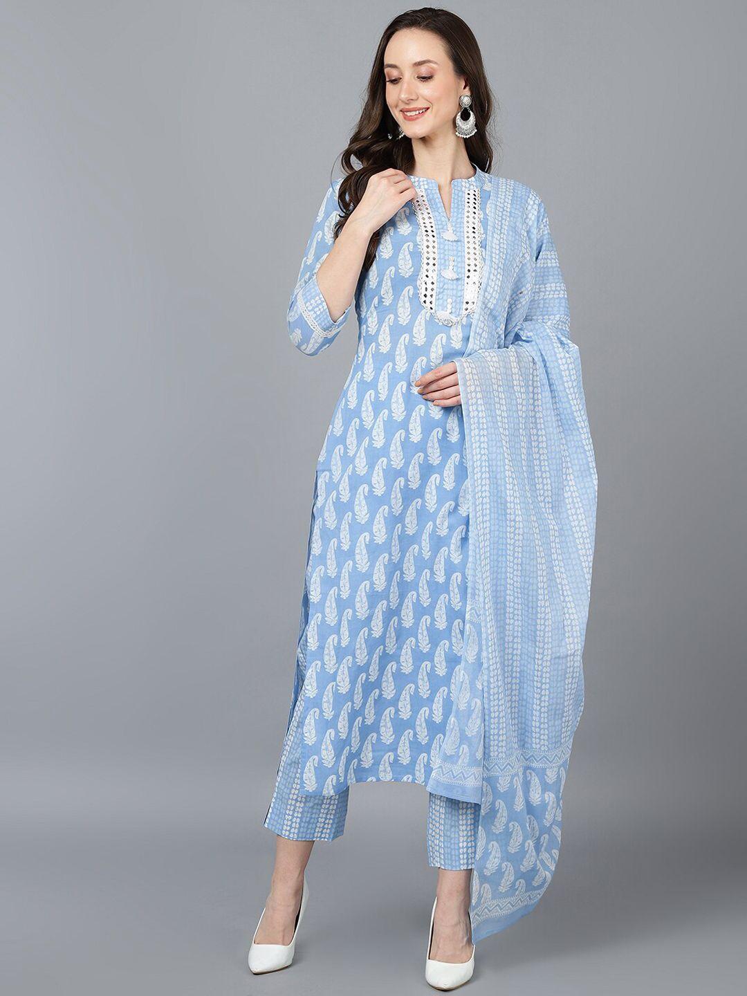 ahika women blue paisley printed mirror work pure cotton kurta with trousers & with dupatta