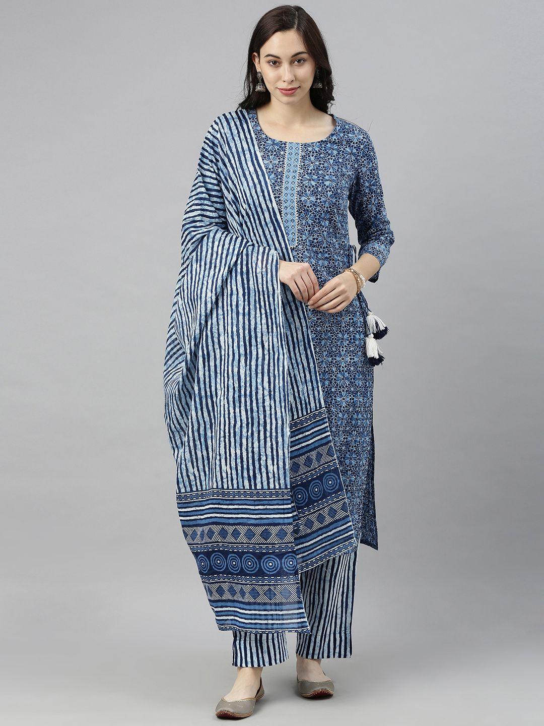 ahika women blue printed kurta with trousers & dupatta