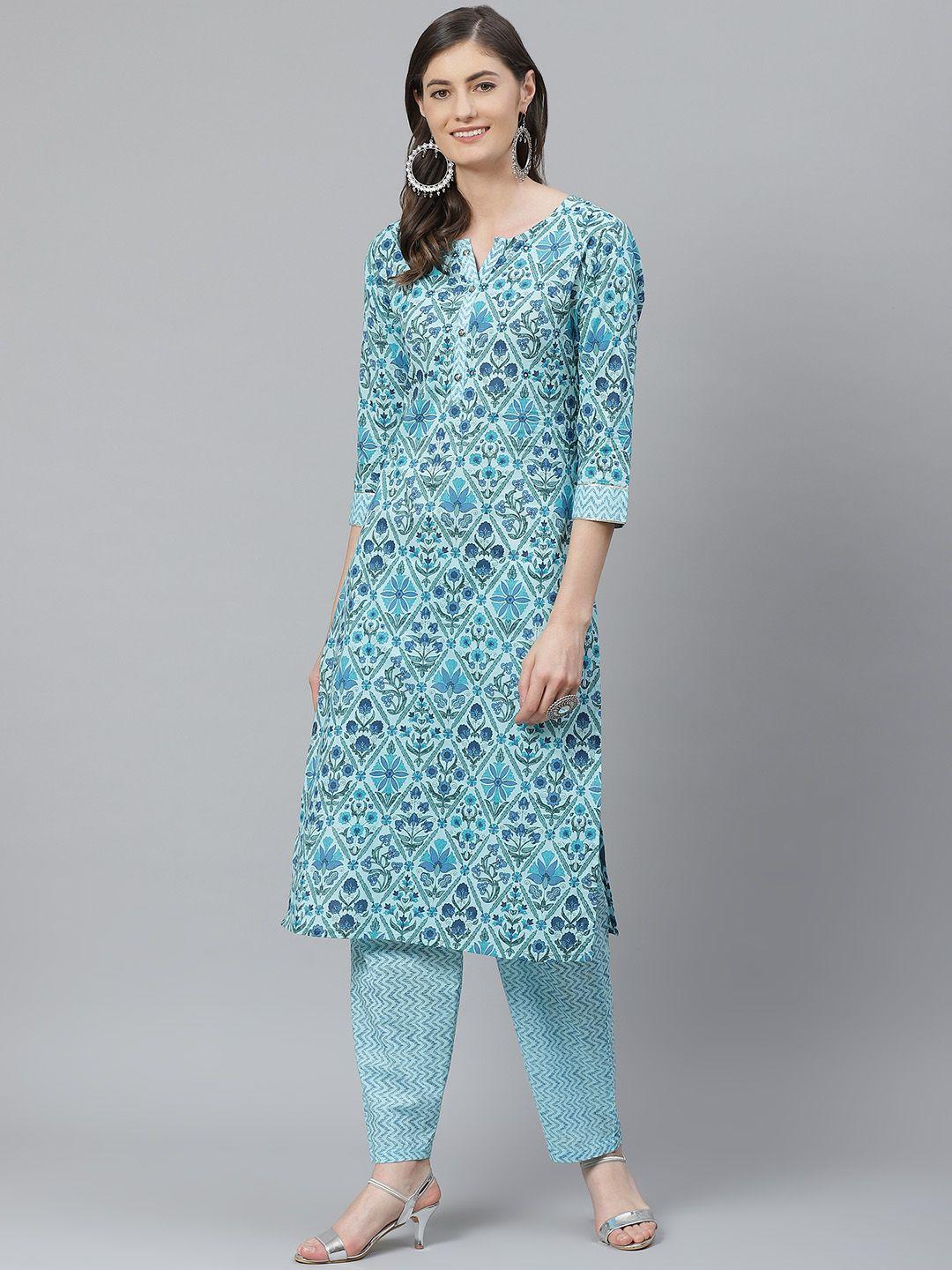 ahika women blue printed pure cotton kurta with trousers