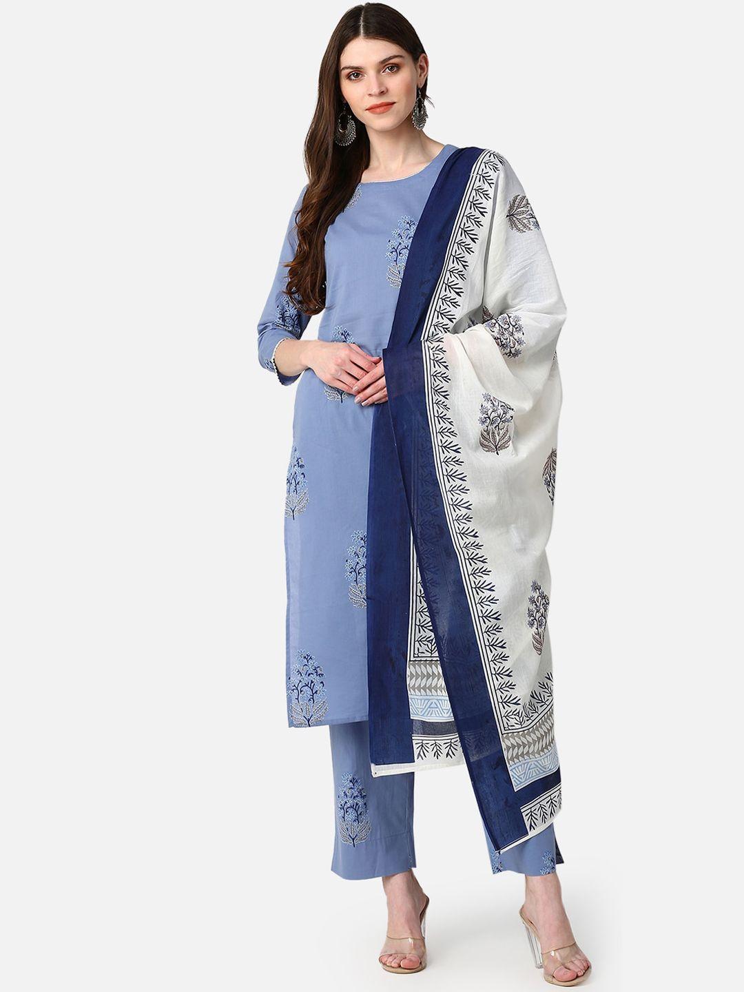ahika women blue solid kurti with trousers & dupatta